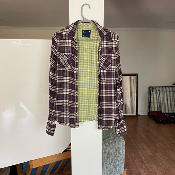 Purple & green plaid button down Am eagle - Picture 2 of 3